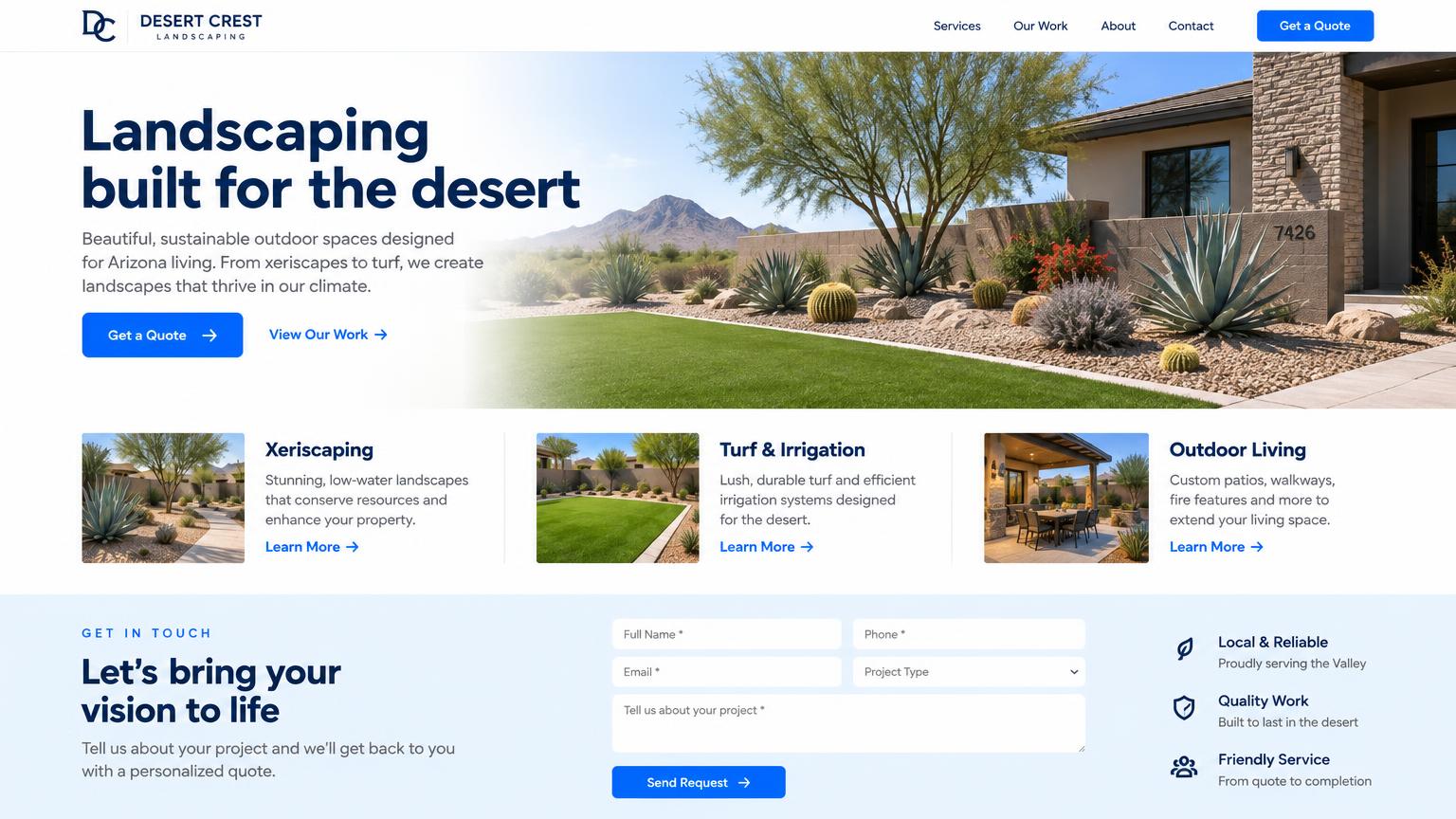 Sample website design for a landscaping company: a desert garden hero photo, a bold navy headline, a bright blue quote button, and three service cards below