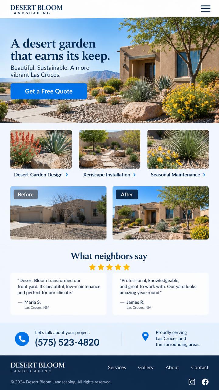 The same sample website design shown on a phone, with a full-width blue Get a Quote button